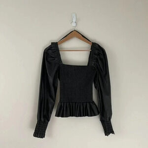 7 For All Mankind Black Faux Leather Smocked Peplum Top Size Small